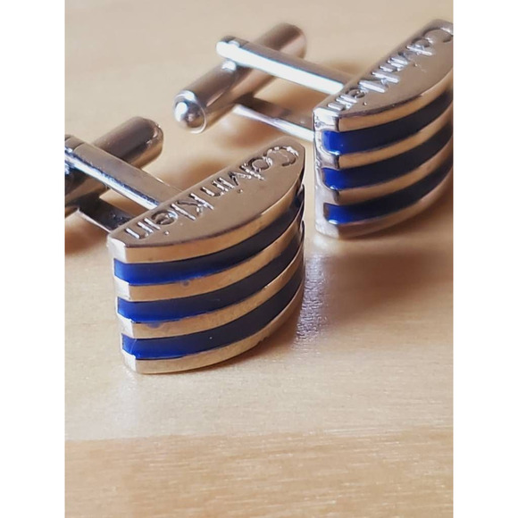 Calvin Klein Mens Silver Tone Cufflinks Blue Stripes Half Moon Shape Bullet Back - Picture 1 of 7